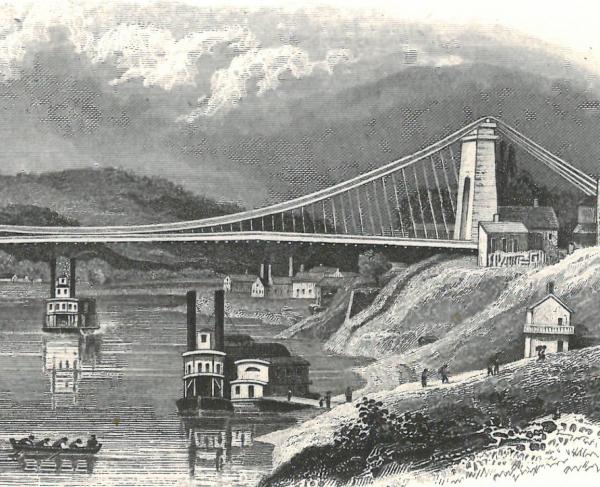 Lithograph of the Wheeling Suspension Bridge in West Virginia