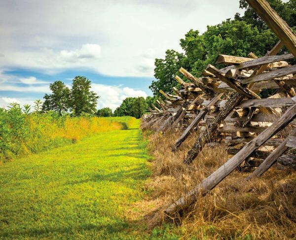 Wilson's Creek battlefield with fences in the foreground. 