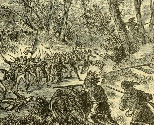 A sketch of Native Americans ambushing the British forces