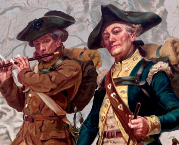 Painting of Revolutionary War soldiers playing fife and drum.