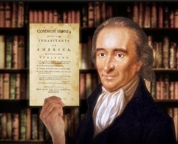An image of Thomas Paine holding a copy of "Common Sense."
