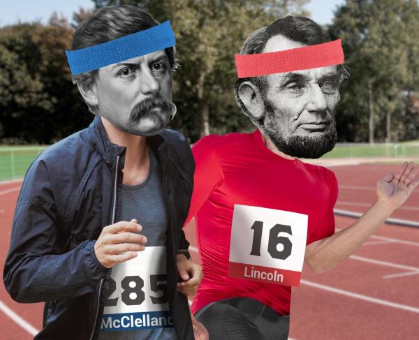 A humorous image of Abraham Lincoln and George McClellan racing.