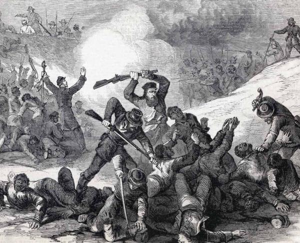 Wood engraving of confederate massacre of federal troops after the surrender at Fort Pillow