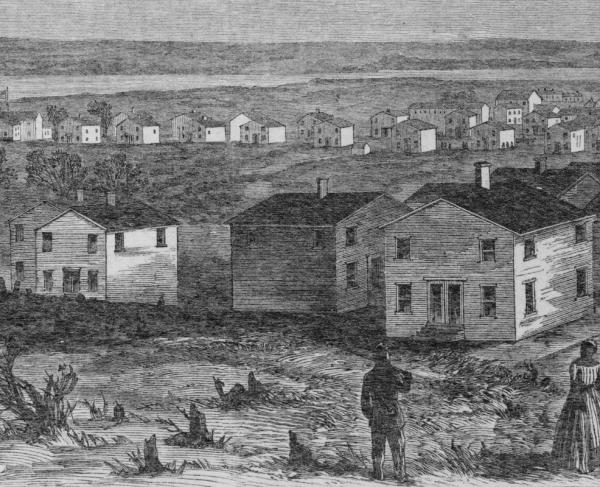 Detail from illustration entitled "Freedman's village, Arlington, Virginia" published in Harper's Weekly, v. 8, 1864 May 7.