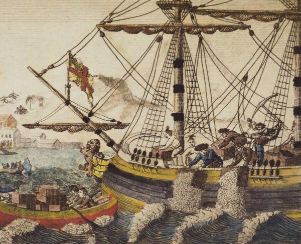 “Boston Tea Party;” by W.W. Cooper.  Engraving in The History of North America, 1789.
