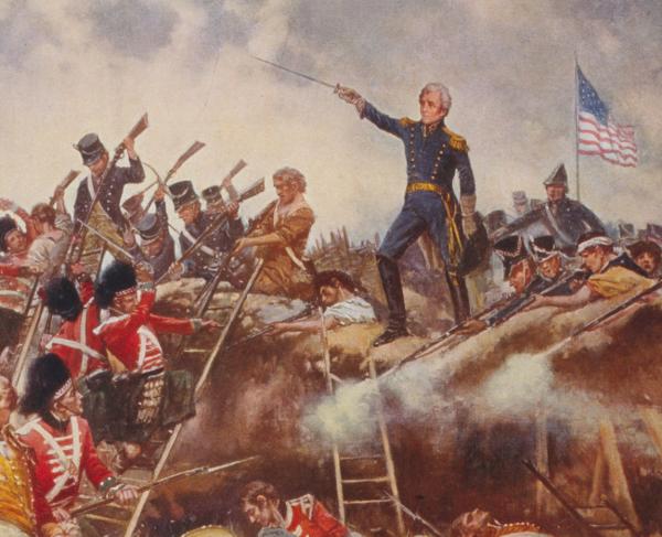 Painting of the Battle of New Orleans shows Andrew Jackson standing in front of American flag with sword raised.