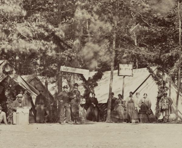 Landscape of U.S. Christian Commission in tents at Gettysburg, PA