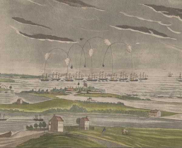 British fleet bombarding Fort McHenry, Baltimore, Maryland, during the War of 1812.