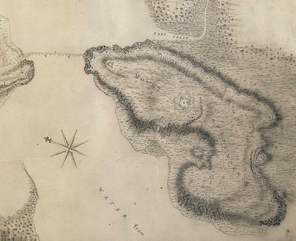 A map of Mount Independence as surveyed by British assistant engineer Lt. Charles Wintersmith in 1777.