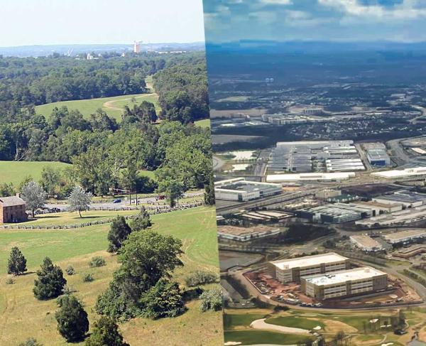 A photo of Manassas National Battlefield Park next to a photo of sprawling data center development in Loudon County.