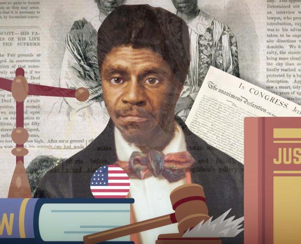 A collage featuring Dred Scot, a gavel, scales, and books about Law and Justice.
