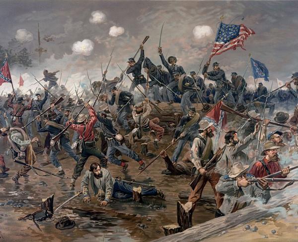 This painting depicts the violent Union assault at the Muleshoe salient. 