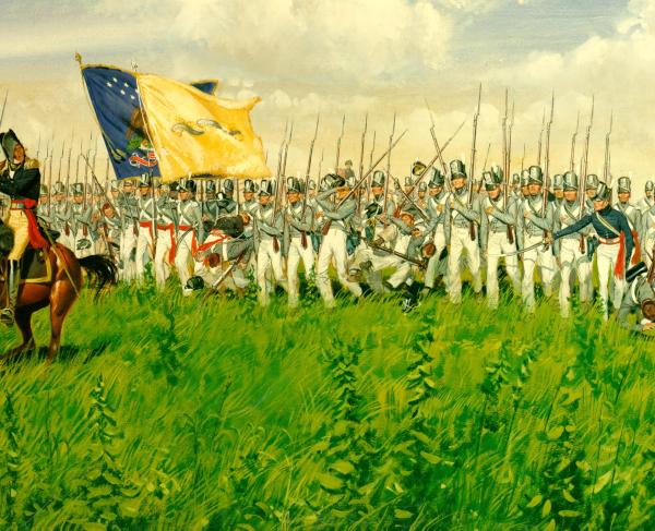 Painted illustration of an American cavalry charging forward during the War of 1812