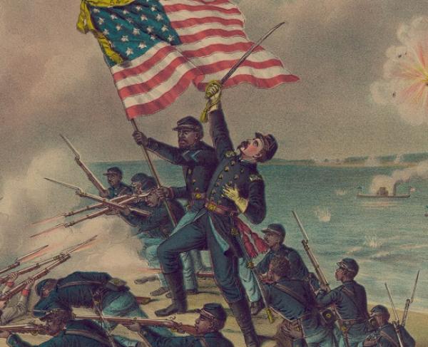 This painting portrays Union soldiers waving the American flag, high above the violent battle going on beneath. 