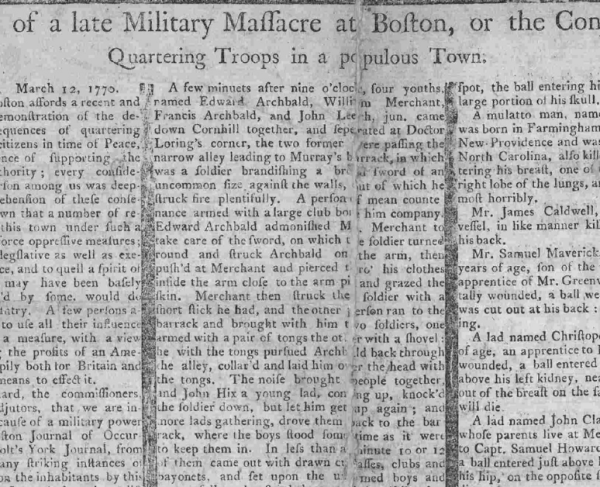 Newspaper reporting on the Boston Massacre