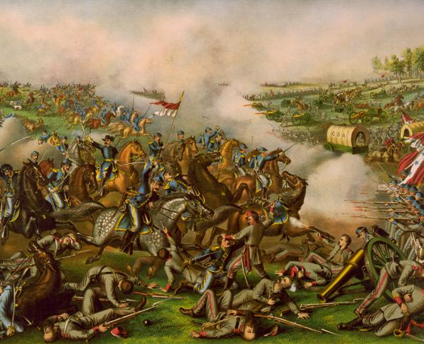 A chromolithograph print by Kurz & Allison showing a charge led by Union general Philip Sheridan at the Battle of Five Forks