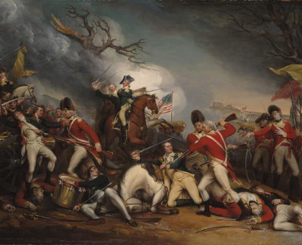 A painting illustrating British grenadiers bayoneting Gen. Hugh Mercer.