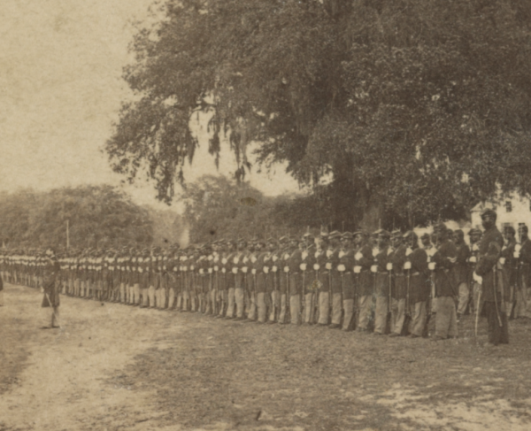 A photograph of the 29th Regiment, Connecticut Volunteers, U.S. Colored Troops, in formation near Beaufort, S.C.