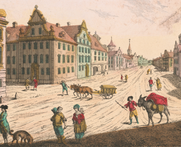 This is a drawing of a main road in colonial Boston. 