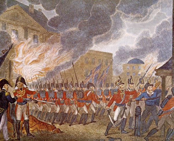 This artwork portrays the British burning the White House. 