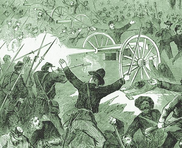 Illustration of soldiers being sired at during the Champion Hill Battle