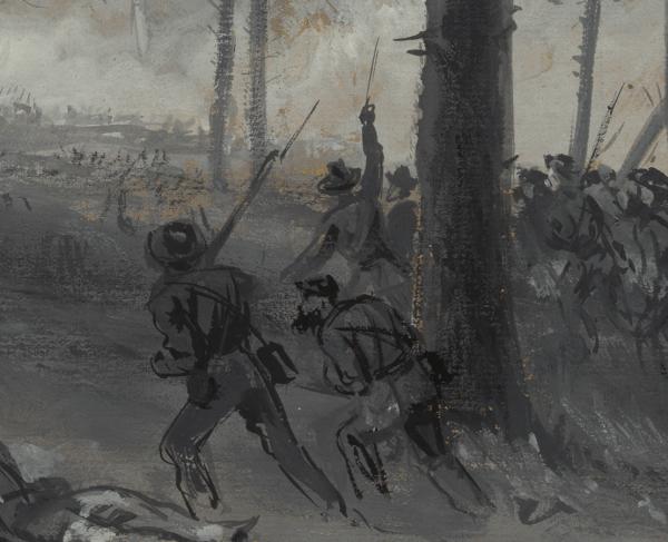 Illustration of soldiers running through the woods at Chickamauga