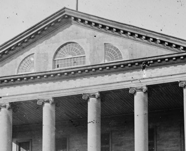 This is a black and white image of the upper half of the Confederate Capital building. 