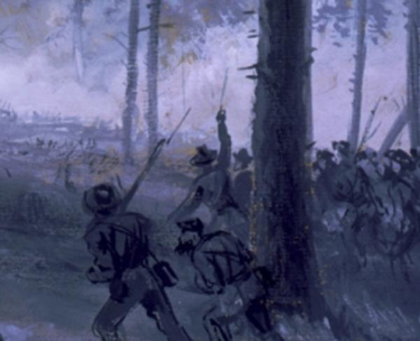 This image depicts Confederate troops advancing through the woods.