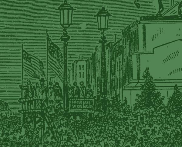 A sketch of a crowd waving an American flag in the street