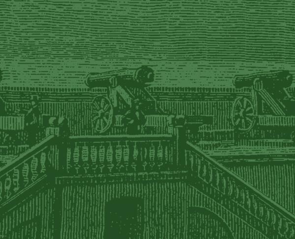 This is a sketch of cannons on the upper deck of a fort. 