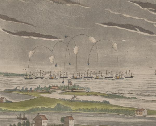 This painting details the clouds and gunfire over Fort McHenry. 