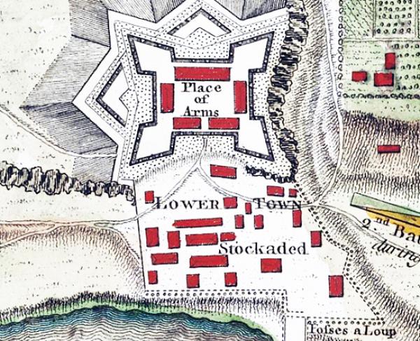 This is a sketched map detailing the landscape of Fort Ticonderoga. 