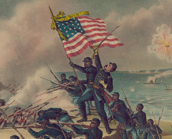 Soldiers waving the American flag at Fort Wagner