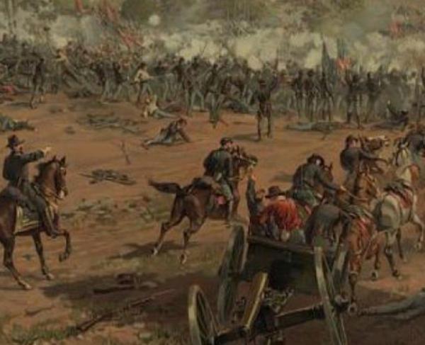 A painted illustration of the intense fighting at the battle of Gettysburg