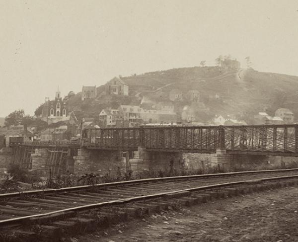 Photograph of the train and bridge at Harper's Ferry