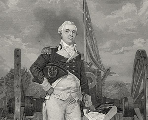 Sketch of Henry Knox standing in front of a cannon