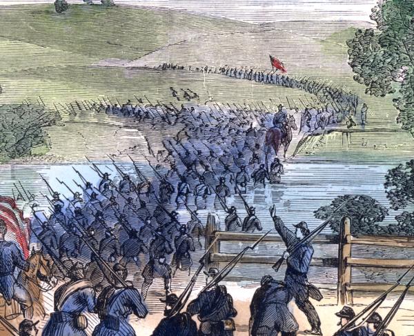 This is an image of a line of soldiers commencing with a charge. 