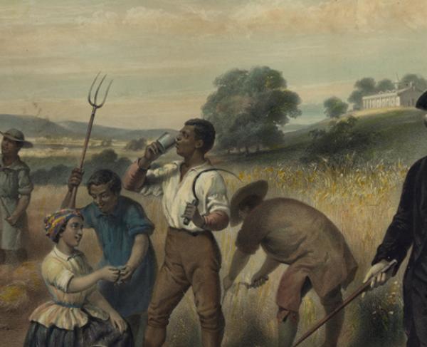 Washington standing among African-American field workers harvesting grain; Mount Vernon in the background.