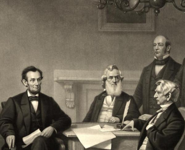 This is a depiction of Lincoln sitting with his Cabinet members. 