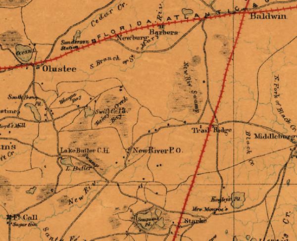 Map detailing the region surrounding Olustee