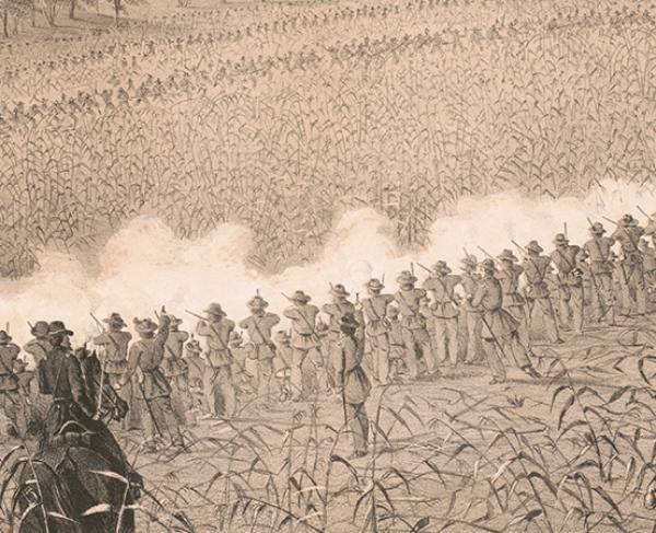 Soldiers firing in a line at the Perryville Battle