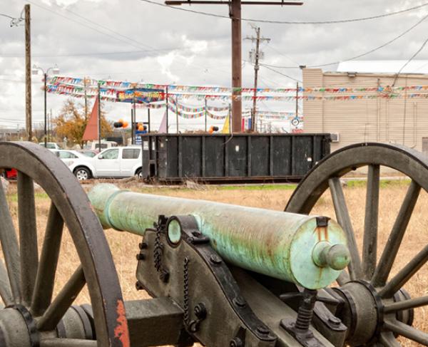 This is a photograph of an unpreserved canon caught in an urban setting. 