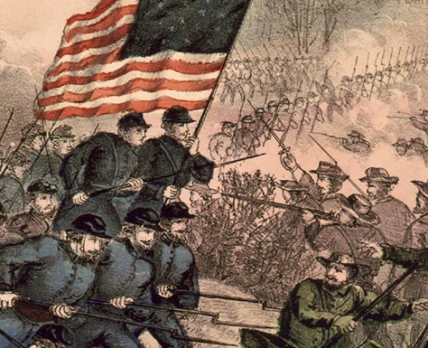 Illustration of troops colliding in a cloud of gunsmoke at Second Manassas