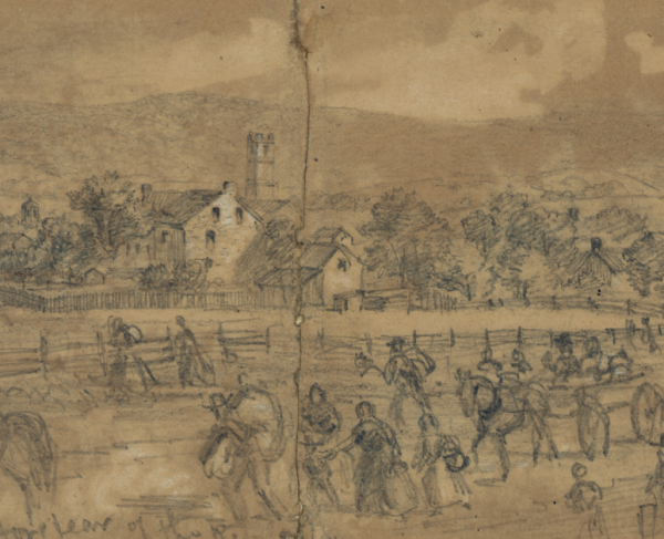 A drawing of Sharpsburg citizens fleeing the twon