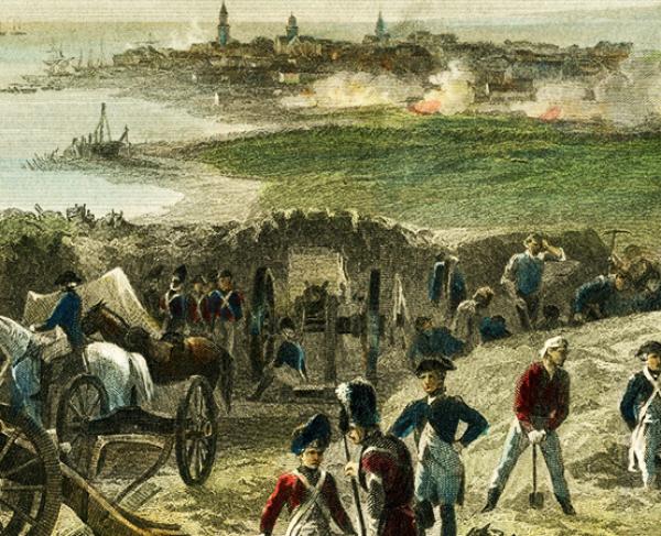 This painting portrays the conflict and gunfire at the Siege of Charleston. 