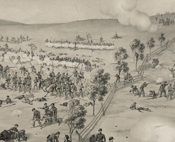 Soldiers fighting in the distance at the South Mountain Battle
