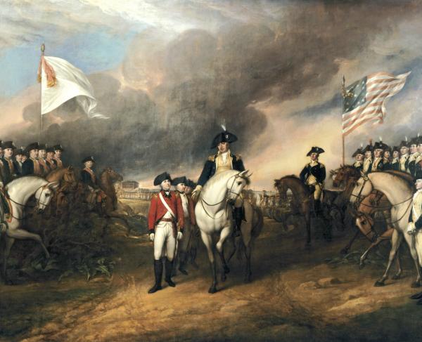 This painting portrays the surrender of Lord Cornwallis to American forces at Yorktown. 