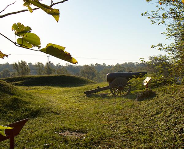 This isa photograph of a cannon sitting on the green hills of Vicksburg. 