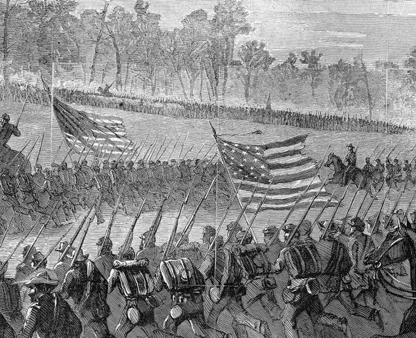 Illustration of troops charging in linear fashion at the Wilderness