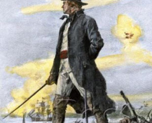 Painting of William Prescott walking on a battlefield